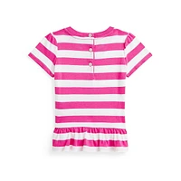 T-shirt rayé à basque pour bébé fille avec motif ours polo