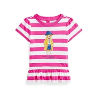 T-shirt rayé à basque pour bébé fille avec motif ours polo