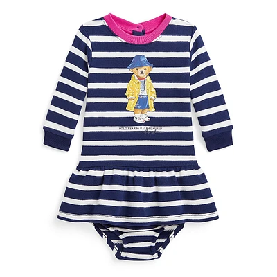 Ensemble 2 pièces robe et bloomer en molleton Polo Bear pour bébé fille