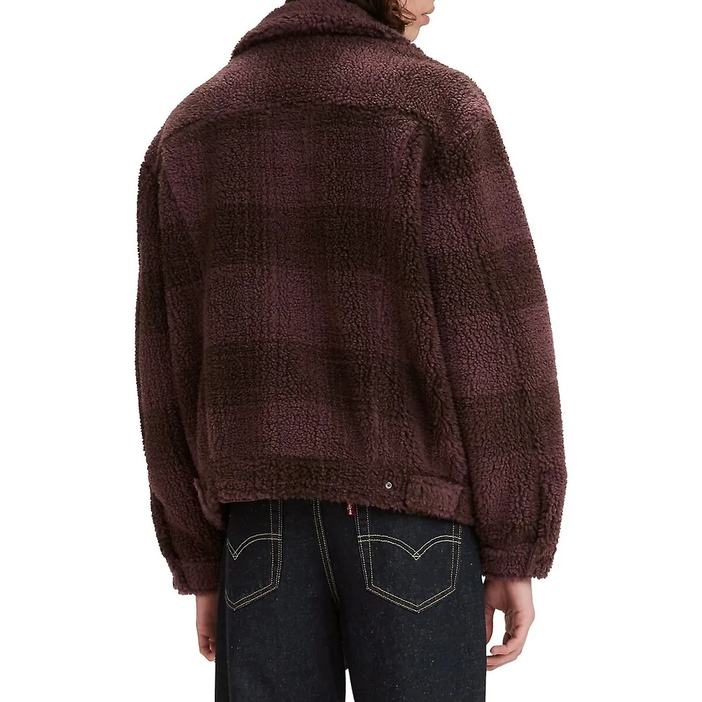 Relaxed-Fit Faux Shearling Plaid Trucker Jacket