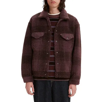 Relaxed-Fit Faux Shearling Plaid Trucker Jacket