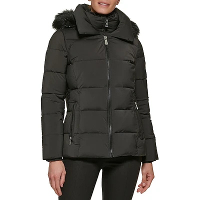 Plus Faux Fur-Trim Stretch Puffer Short Coat