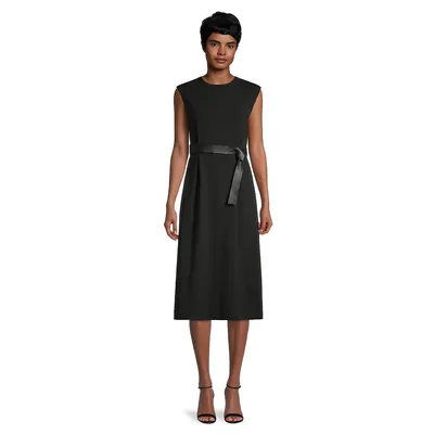 Belted A-Line Midi Leather Dress