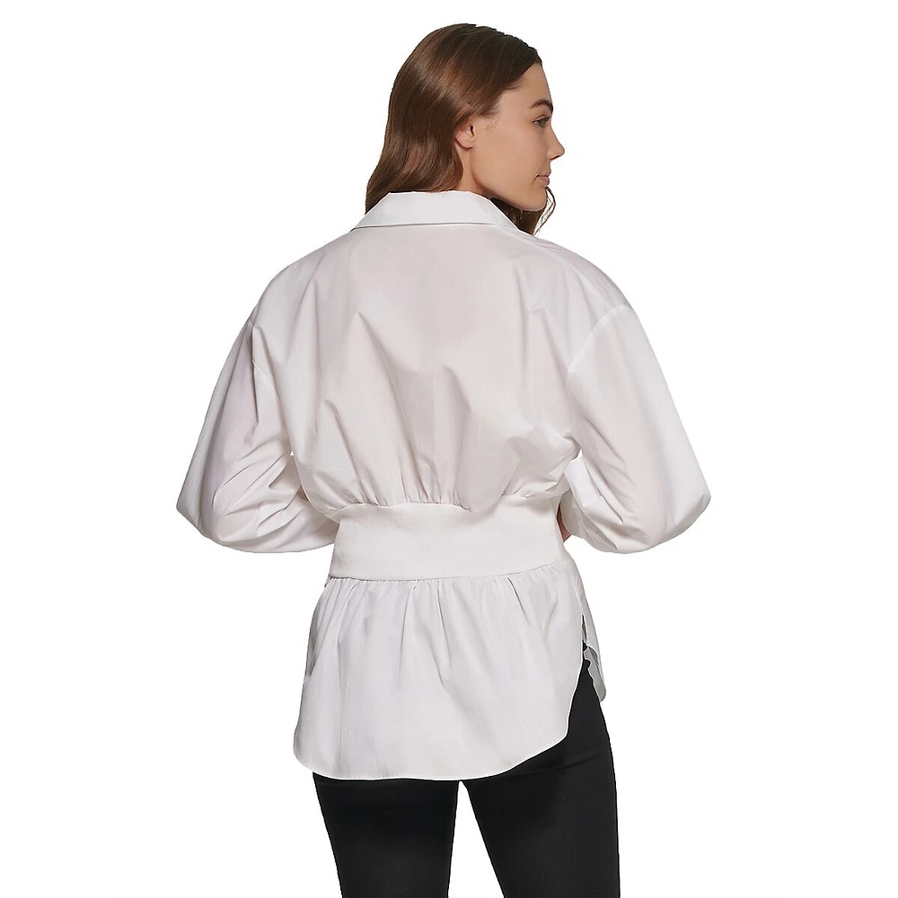 Ribbed-Waist Puff-Sleeve Peplum Blouse