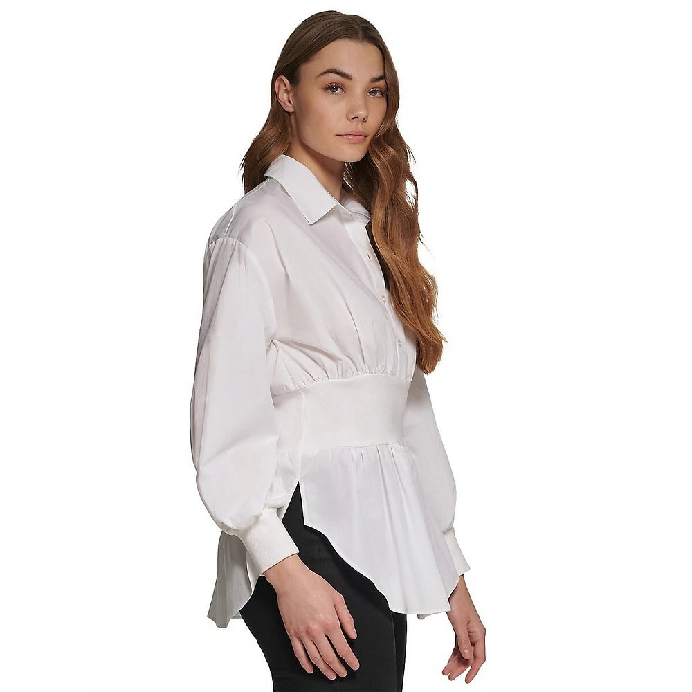 Ribbed-Waist Puff-Sleeve Peplum Blouse