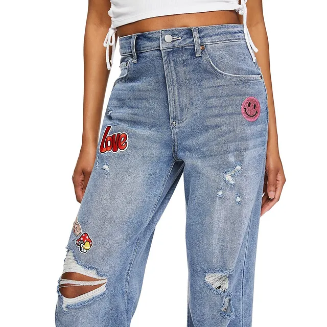 Mid Rise Patchwork Wide-Leg Jeans