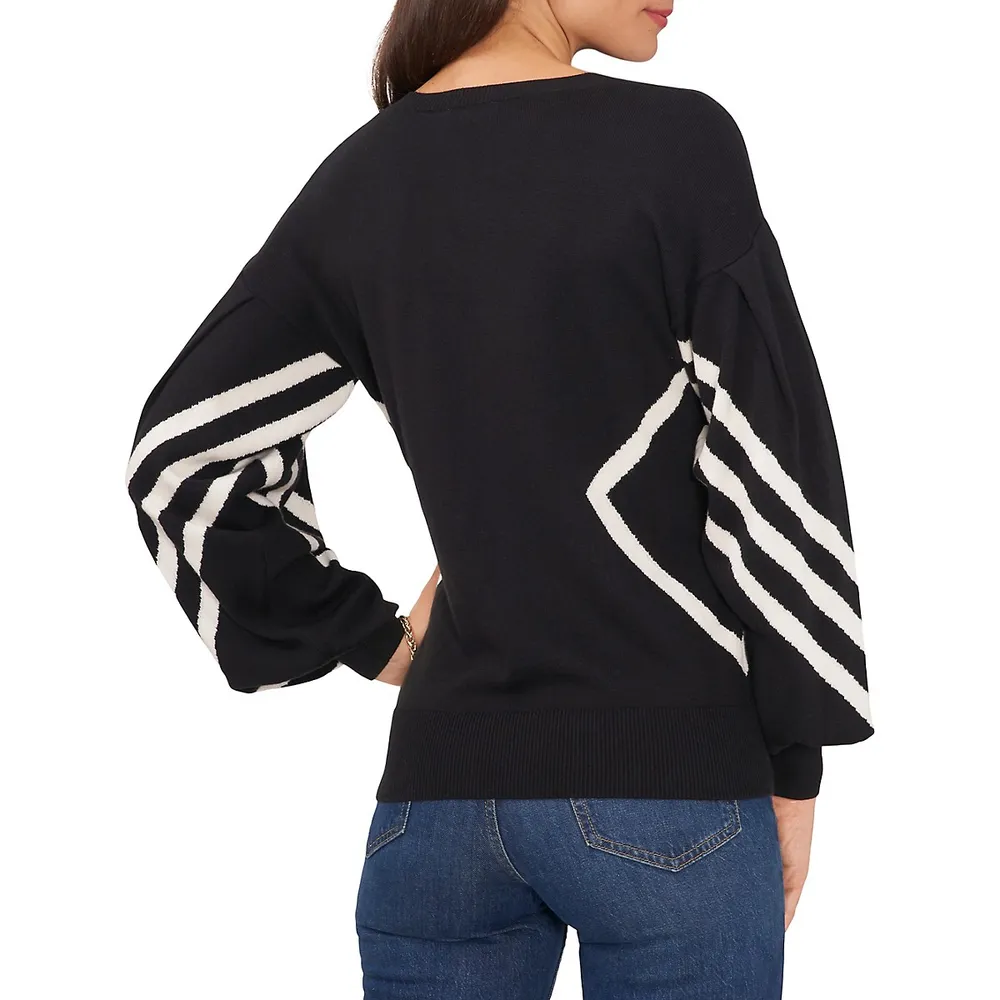 Drop-Shoulder Bishop-Sleeve Intarsia Sweater