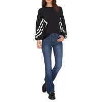Drop-Shoulder Bishop-Sleeve Intarsia Sweater