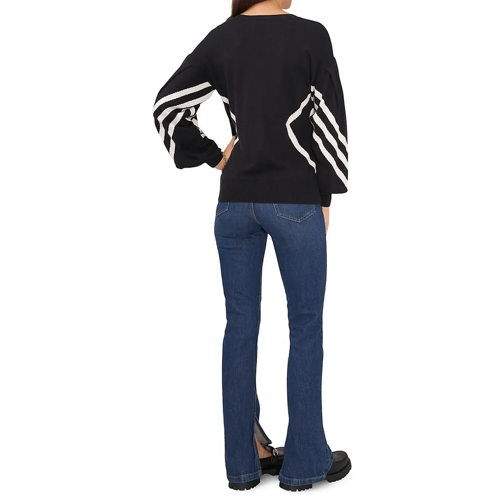 Drop-Shoulder Bishop-Sleeve Intarsia Sweater