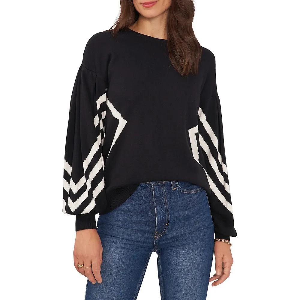 Drop-Shoulder Bishop-Sleeve Intarsia Sweater