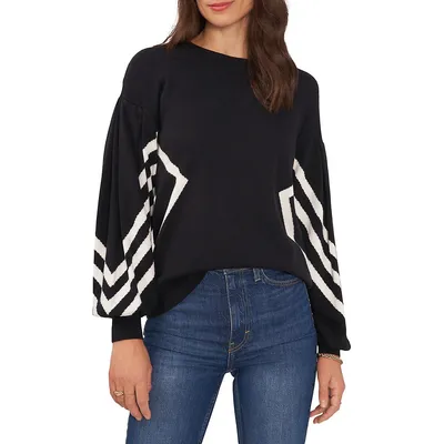 Drop-Shoulder Bishop-Sleeve Intarsia Sweater
