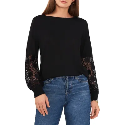 Relaxed Fit Lace-Sleeve Sweater Top