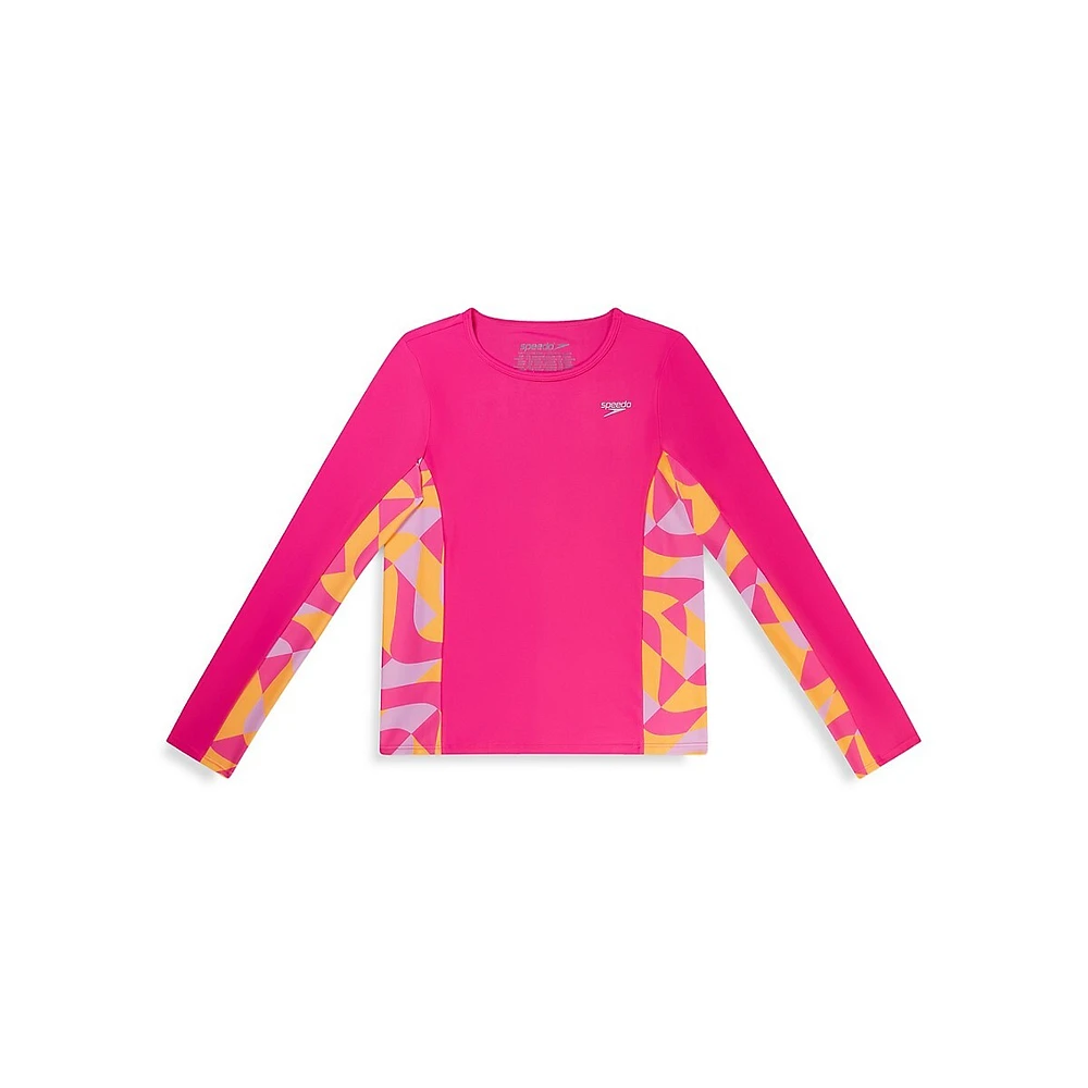 Girl's Active Rec Printed Splice Rashguard Swim Top