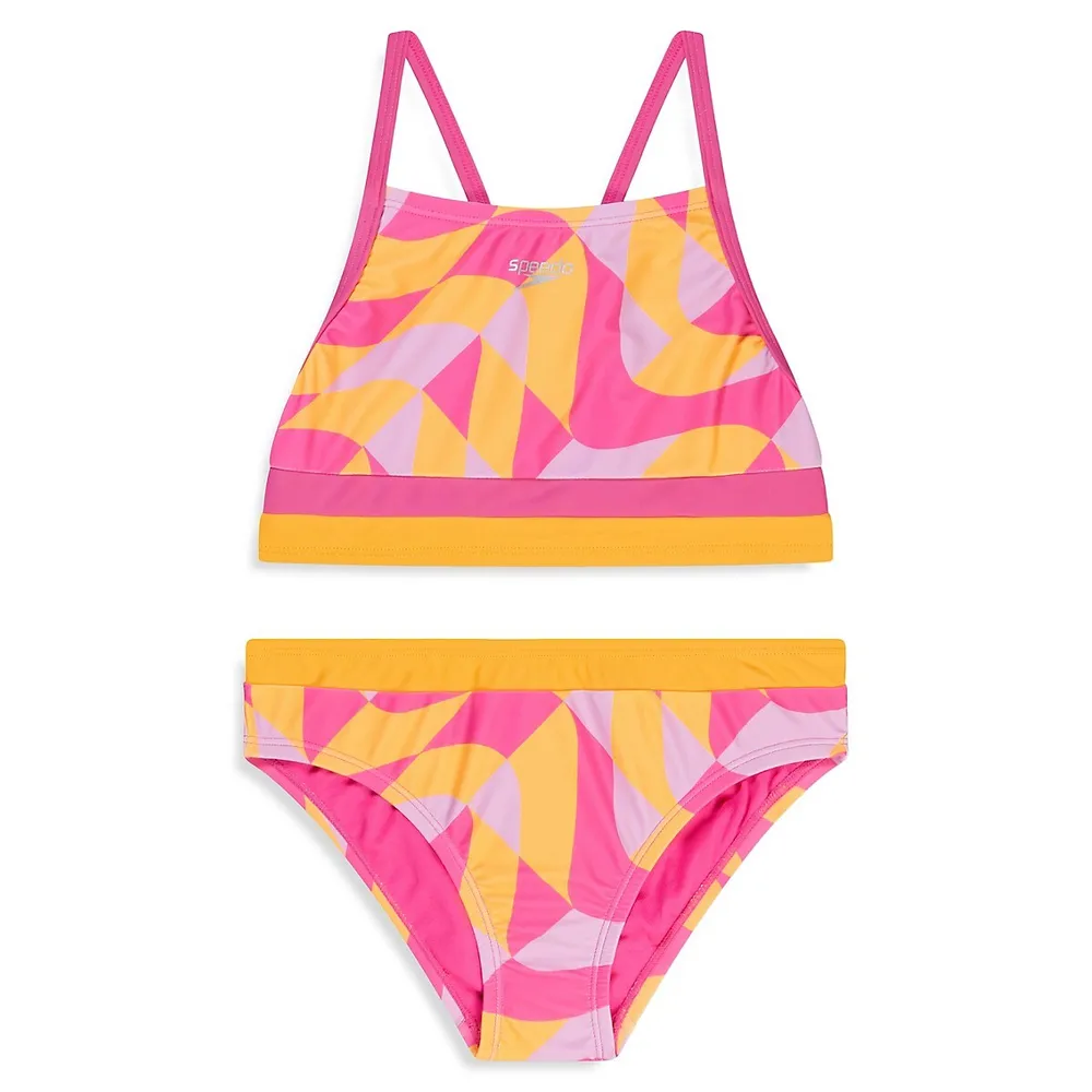 Girl's Active Rec Print Blocked Bikini 2-Piece Swimsuit