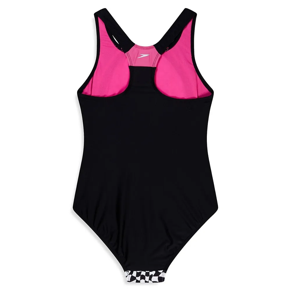 Girl's Active Rec Printed Splice One-Piece Swimsuit