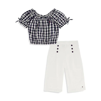 Little Girl's 2-Piece Woven Puffy Top & Wide-Leg Pants Set