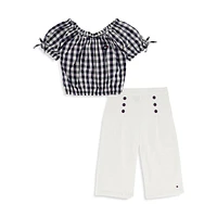 Little Girl's 2-Piece Woven Puffy Top & Wide-Leg Pants Set