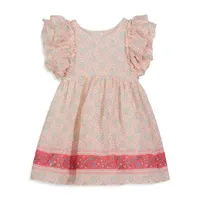 Little Girl's Boho Border Flutter-Sleeve Dress