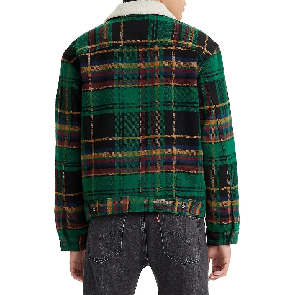 Plaid Faux Shearling-Lined Trucker Jacket