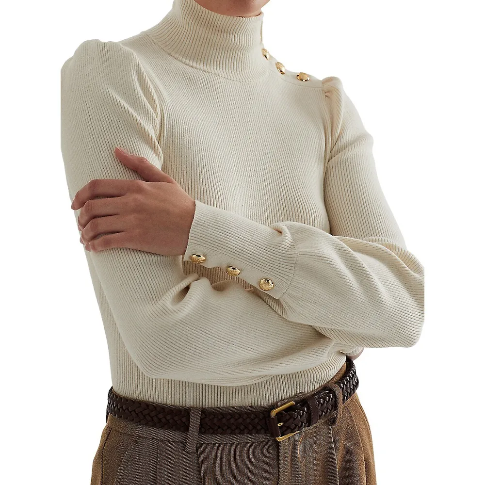 Slim-Fit Button-Trim Mockneck Sweater