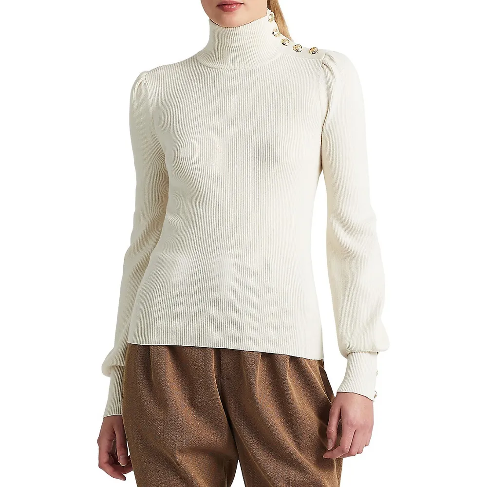 Slim-Fit Button-Trim Mockneck Sweater