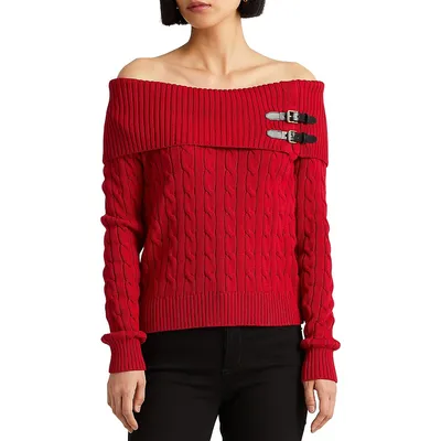 LAUREN RALPH LAUREN BULLION CABLE-KNIT COTTON SWEATER, | Burgundy Women‘s  Sweater | YOOX