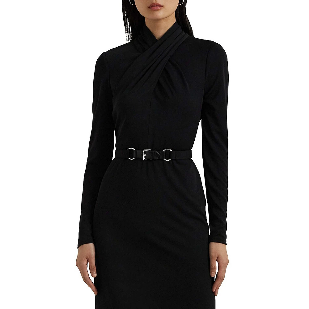 ​Belted Mockneck Jersey Midi Dress