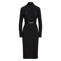 ​Belted Mockneck Jersey Midi Dress