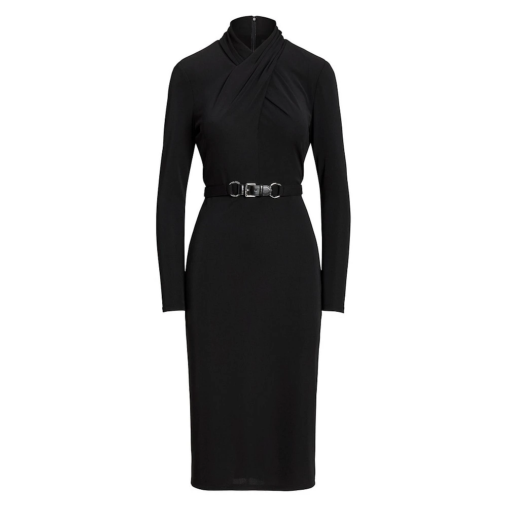 ​Belted Mockneck Jersey Midi Dress