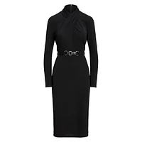 ​Belted Mockneck Jersey Midi Dress