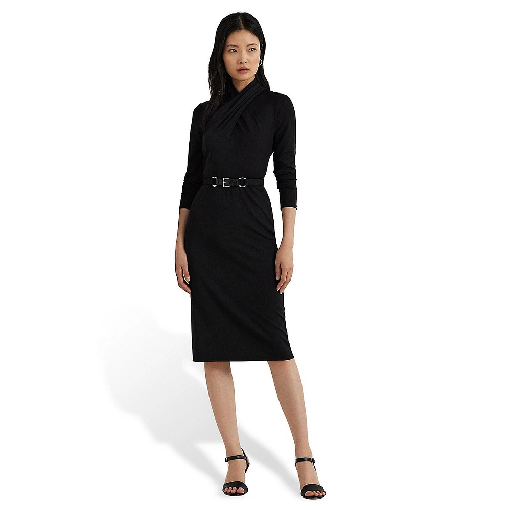 ​Belted Mockneck Jersey Midi Dress