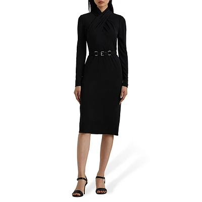 ​Belted Mockneck Jersey Midi Dress