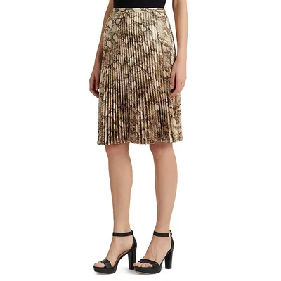 ​Snakeskin-Print Pleated Charmeuse Skirt