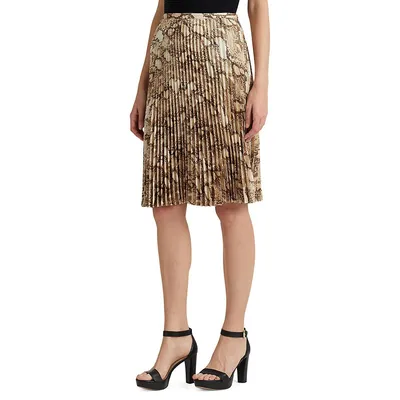 Petite Snakeskin-Print Pleated Charmeuse Skirt