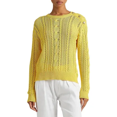 Aran-Knit Button-Shoulder Cotton Sweater