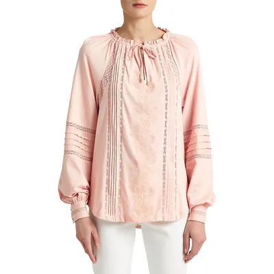 ​​Embroidered Jersey Tie-Neck Top