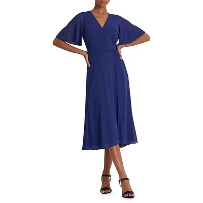 Flutter-Sleeve Midi Wrap Dress