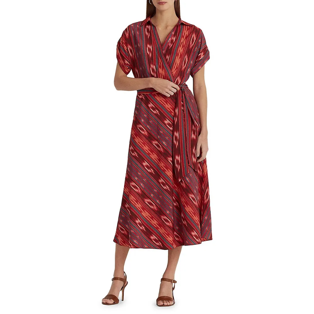 Roll-Tab Sleeve V-Neck Dress