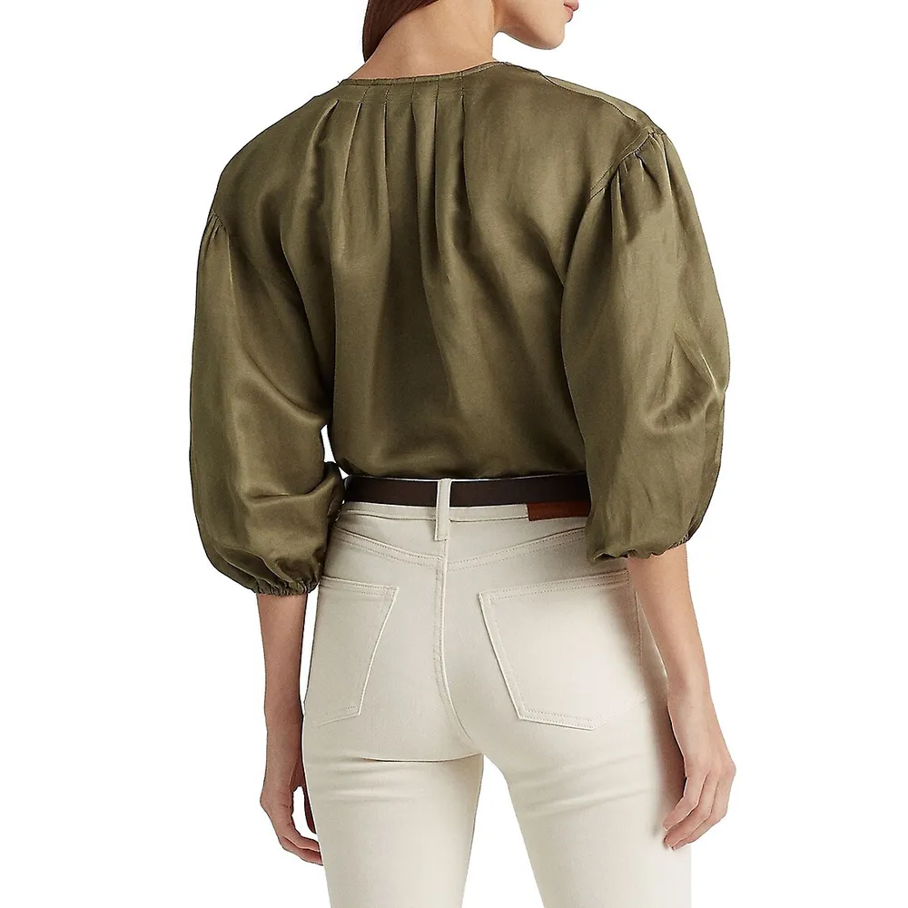 Quarter-Zip Puffy Shantung Blouse