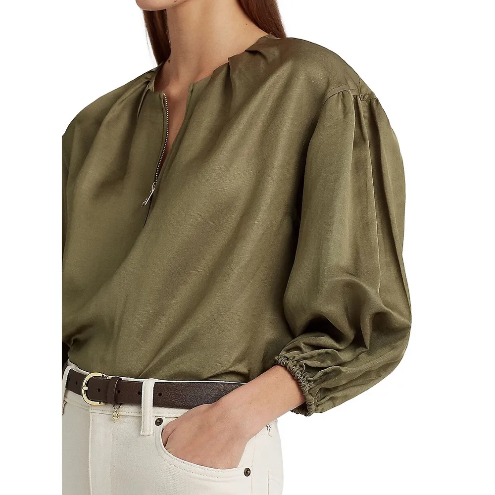 Quarter-Zip Puffy Shantung Blouse