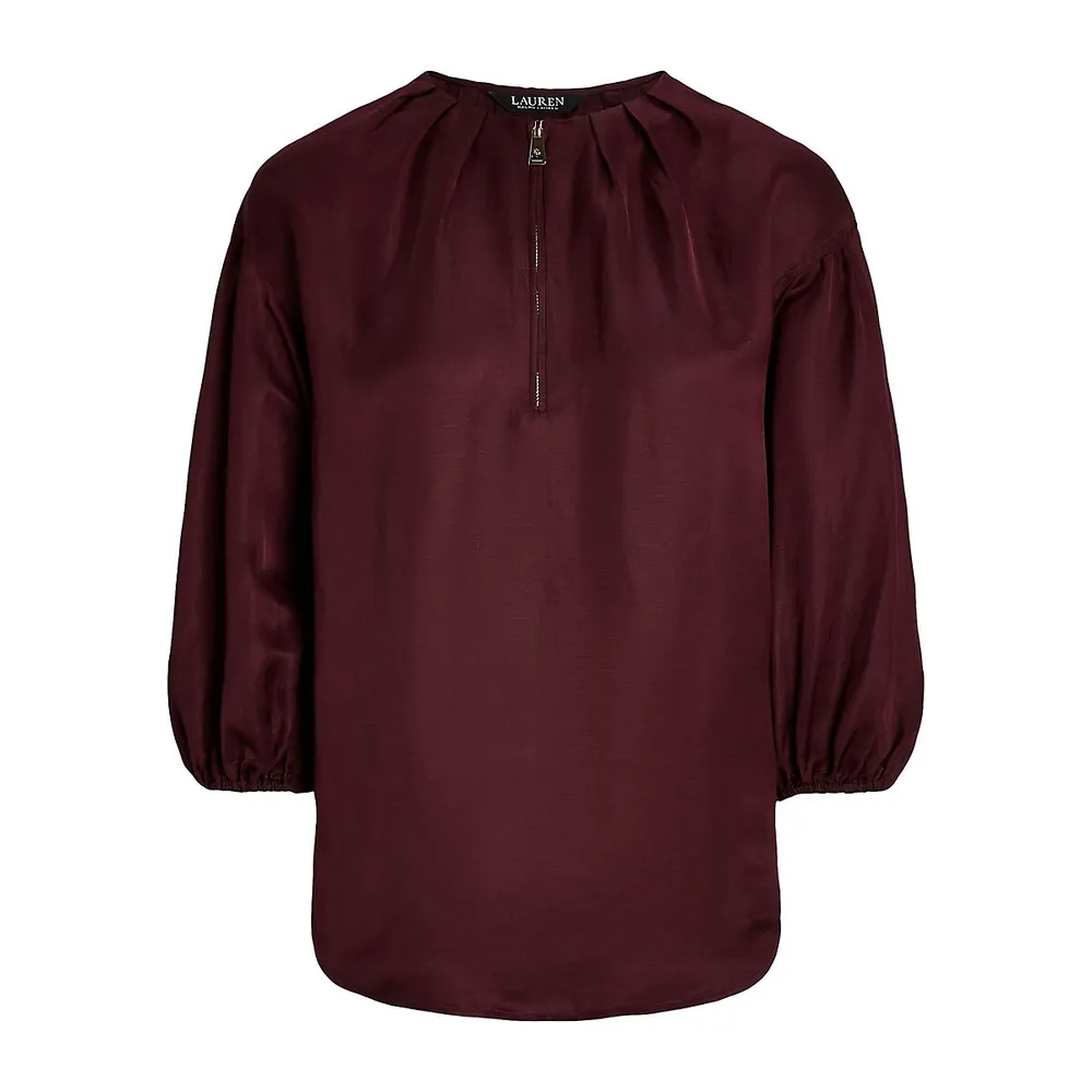 Quarter-Zip Puffy Shantung Blouse