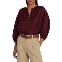 Quarter-Zip Puffy Shantung Blouse