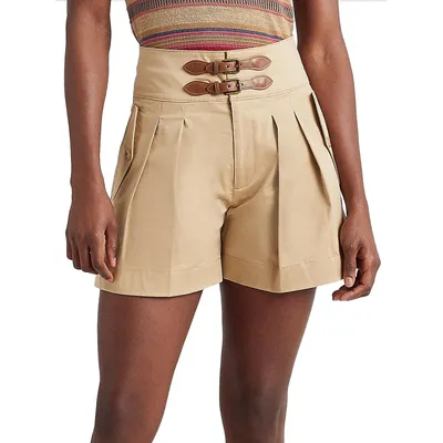 Pleated High-Rise Stretch-Cotton Shorts