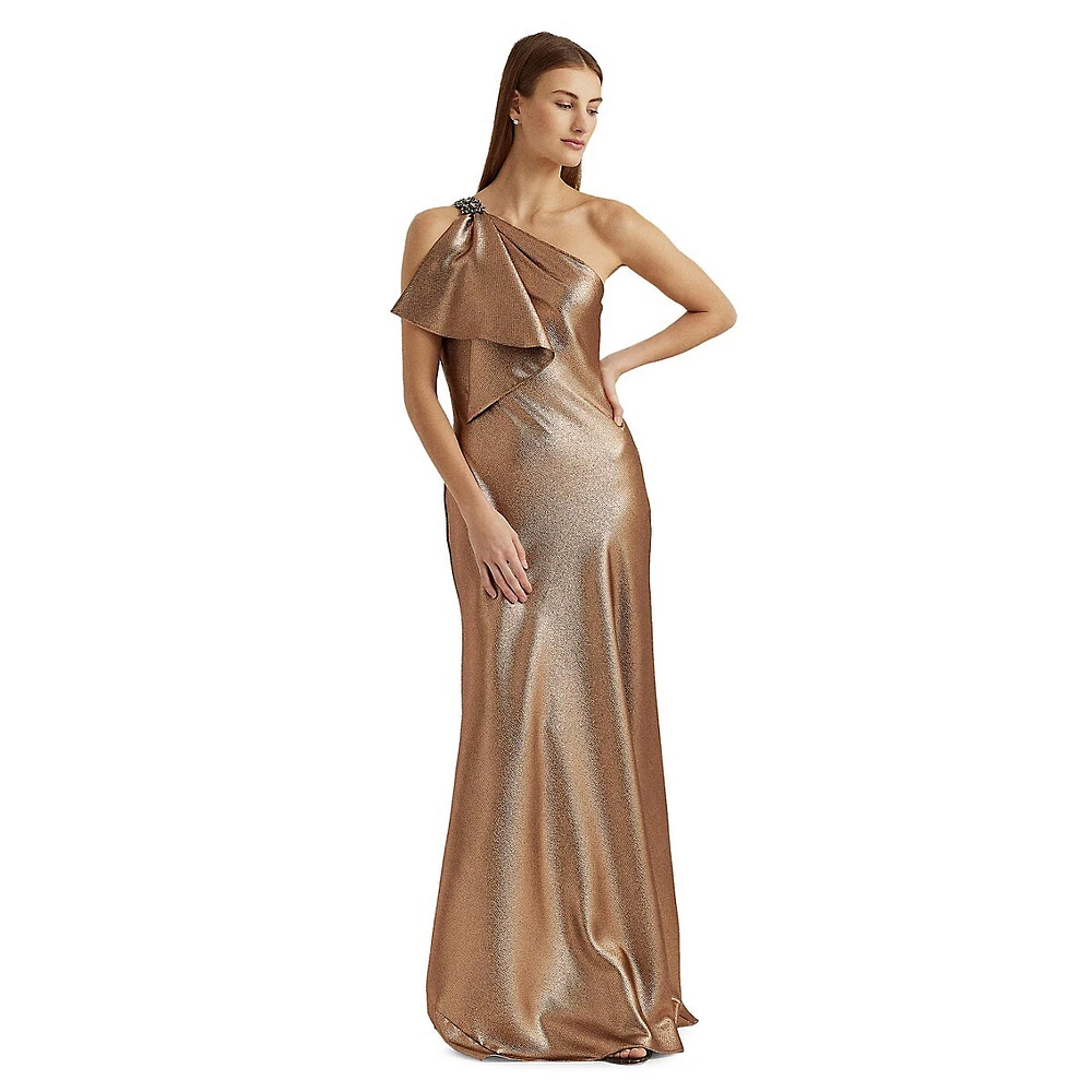 One-Shoulder Metallic Charmeuse Gown