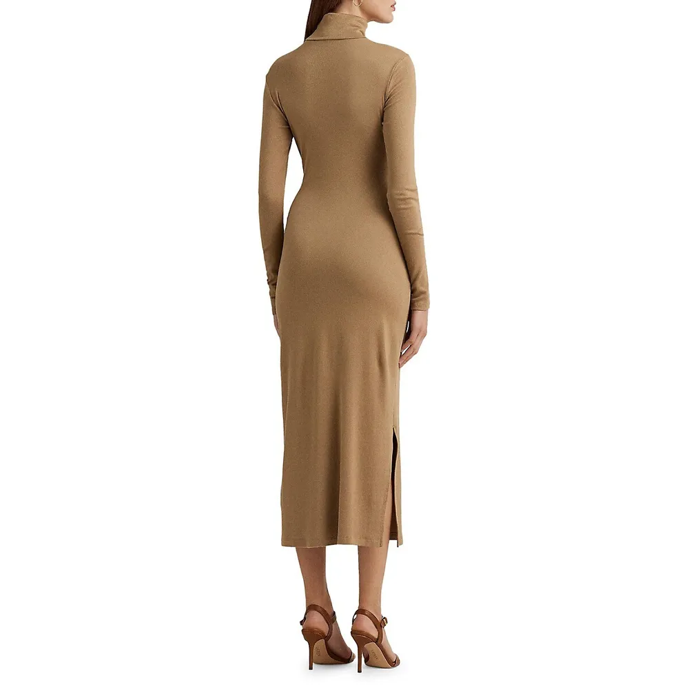 Tie-Front Rib-Knit Turtleneck Midi Dress