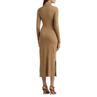 Tie-Front Rib-Knit Turtleneck Midi Dress