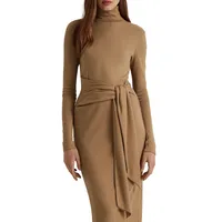 Tie-Front Rib-Knit Turtleneck Midi Dress