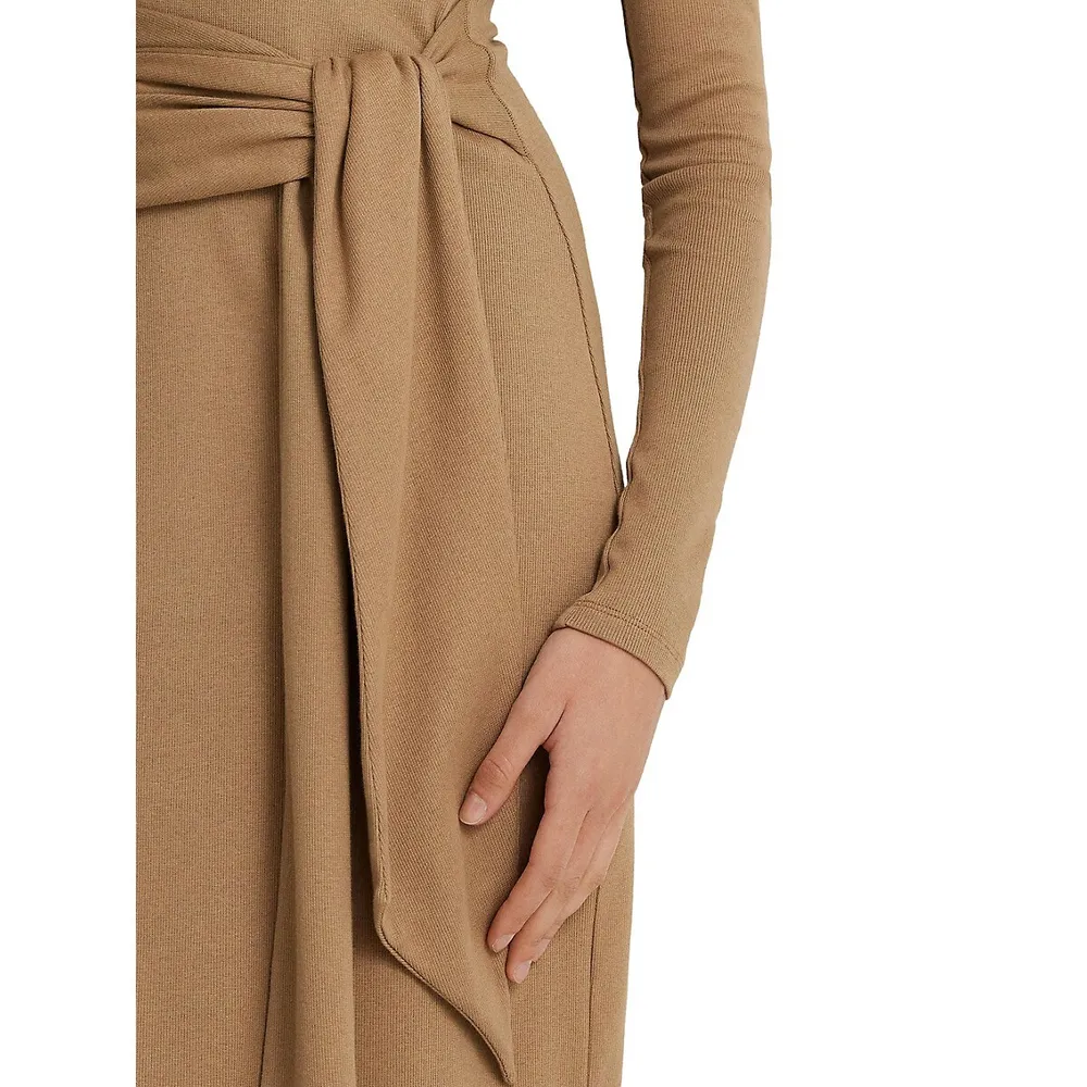 Tie-Front Rib-Knit Turtleneck Midi Dress