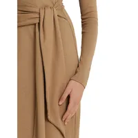 Tie-Front Rib-Knit Turtleneck Midi Dress