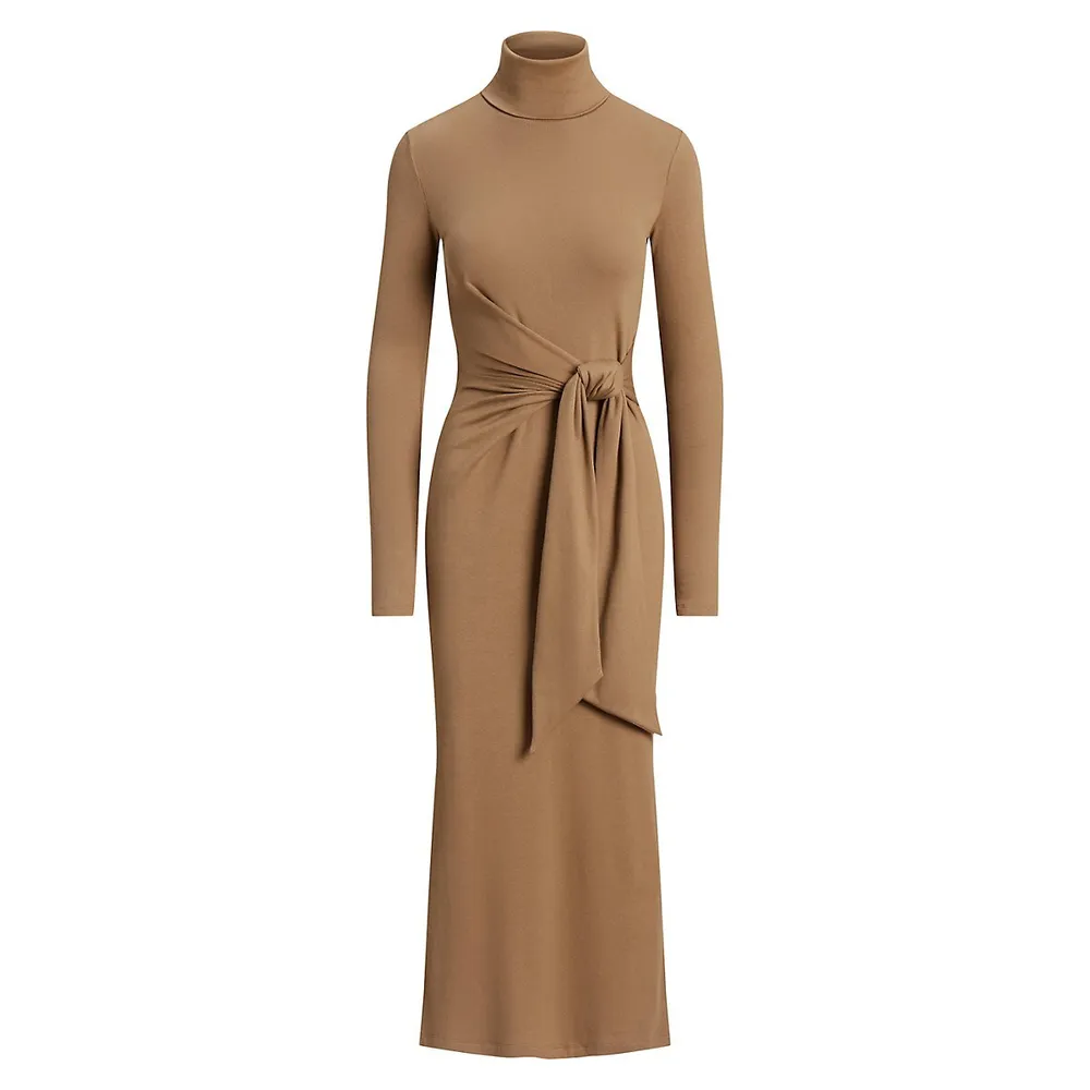 Tie-Front Rib-Knit Turtleneck Midi Dress